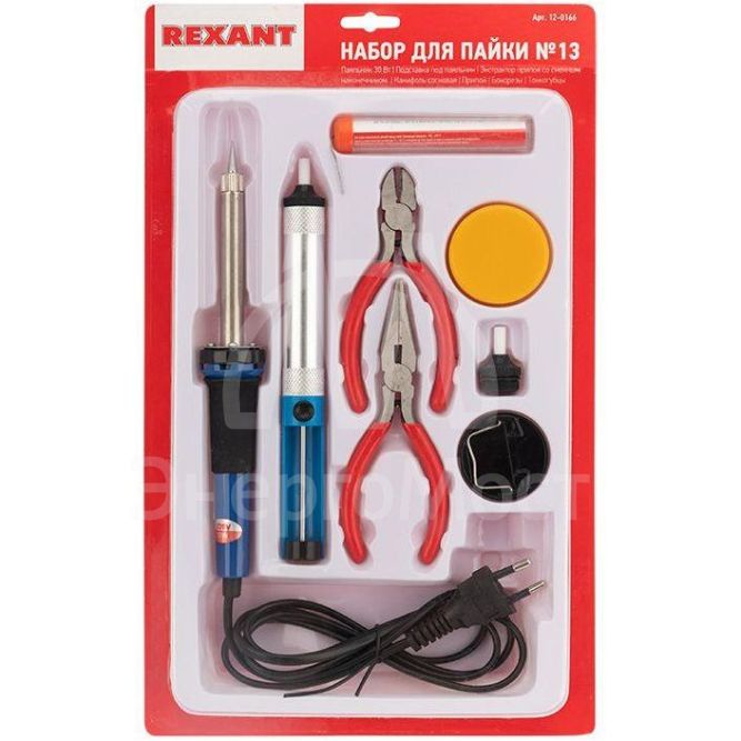 Набор для пайки №13 (паяльник 30Вт подставка губка для удаления припоя канифоль припой) Rexant 12-0166