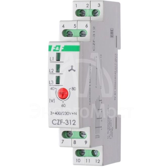 Реле контроля и наличия фаз CZF-312 (монтаж на DIN-рейке 35мм; регулировка порога; без задержки отключения; 3х400/230+N 2х8А 1Z 1R IP20) F&amp;amp;F EA04.001.007