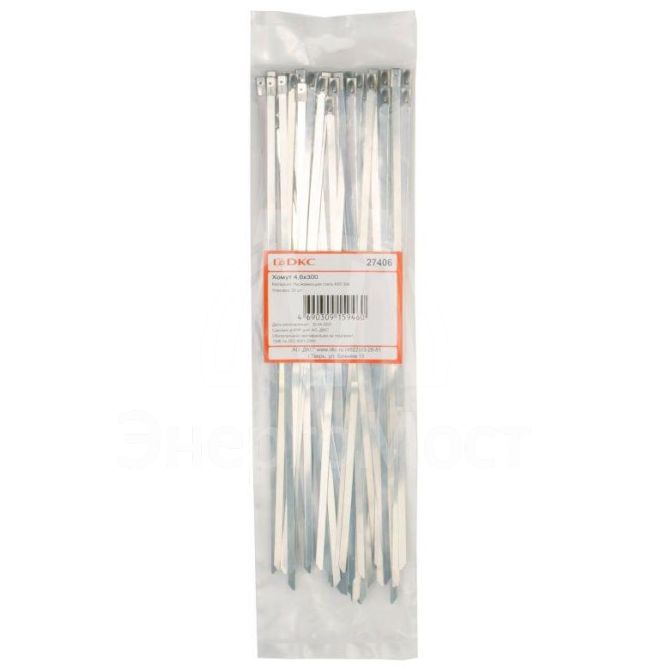 Хомут кабельный 4.6х300 нерж. сталь AISI 304 серебр. (уп.50шт) DKC 27406