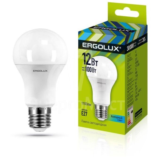 Лампа светодиодная LED-A60-12W-E27-4500K грушевидная ЛОН 172-265В Ergolux 12151