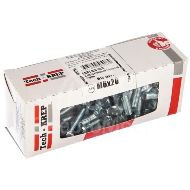 Болт DIN933 с шестигранной головкой М6х20 оцинк. (уп.80шт) Tech-KREP 105201