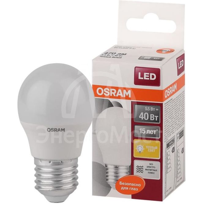 Лампа светодиодная LED STAR CLASSIC P 40 5.5W/827 5.5Вт шар 2700К тепл. бел. E27 470лм 220-240В матов. пласт. OSRAM 4052899971646