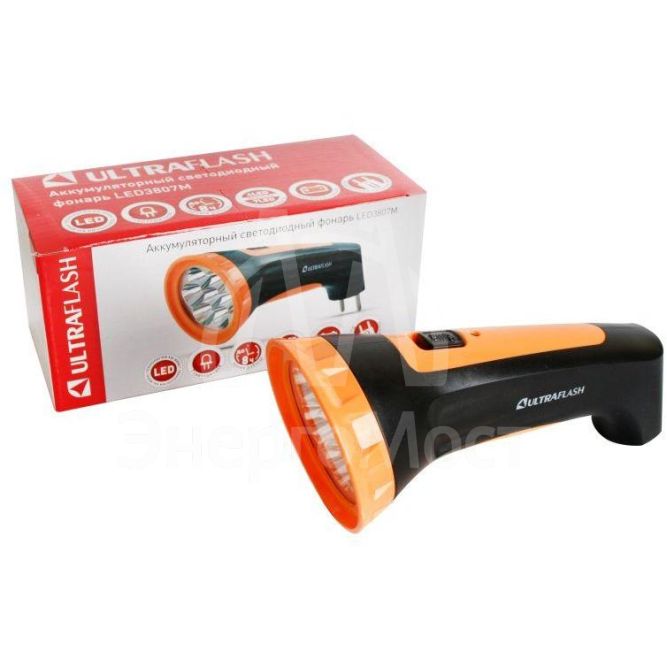 Фонарь LED 3807M (аккум. 220В черн./желт. 7 LED 2 режима SLA пласт. коробка) Ultraflash 12868