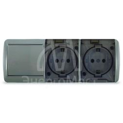 Блок ОП Клио 1-кл. выкл. 10А + розетка 2-м 16А 250В с заземл. с прозр. крышкой сер. Universal К2238-Gr