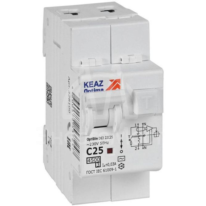 Выключатель автоматический дифференциального тока 2п с защитой от сверхтоков OptiDin D63-22C25-AC-У3 C25 30мА 4.5кА КЭАЗ 328100