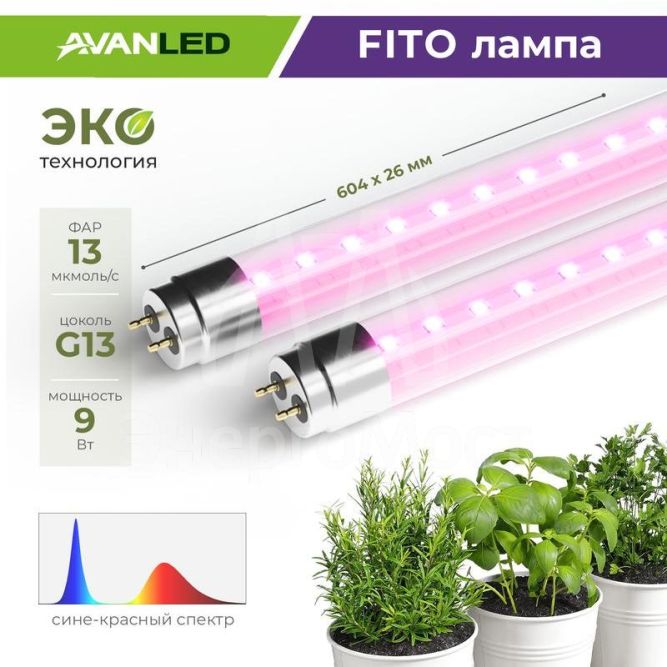 Лампа светодиодная AL T8-9-BR-600 FITO 9Вт G13 600мм для растений красн./син. AVANLED 12206011