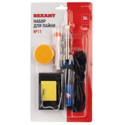 Набор для пайки №11 (паяльник 30Вт подставка губка для удаления припоя канифоль припой) Rexant 12-0165