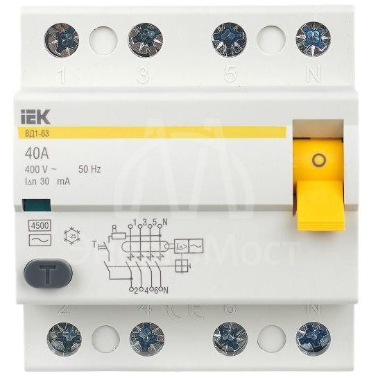 Выключатель дифференциального тока (УЗО) 4п 40А 30мА тип AC ВД1-63 IEK MDV10-4-040-030