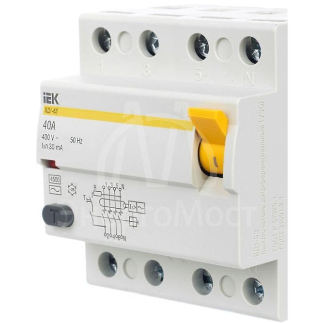 Выключатель дифференциального тока (УЗО) 4п 40А 30мА тип AC ВД1-63 IEK MDV10-4-040-030