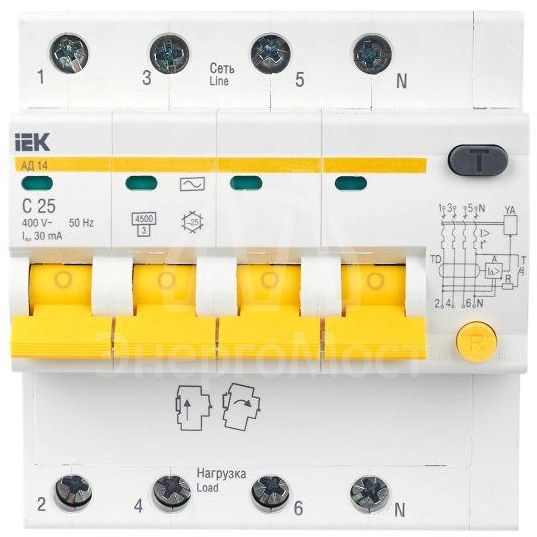Выключатель автоматический дифференциального тока 4п C 25А 30мА тип AC 4.5кА АД-14 IEK MAD10-4-025-C-030