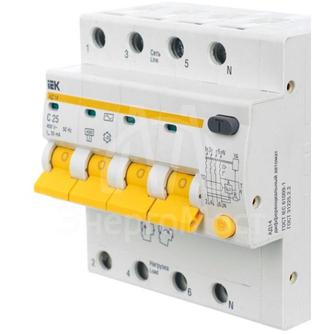 Выключатель автоматический дифференциального тока 4п C 25А 30мА тип AC 4.5кА АД-14 IEK MAD10-4-025-C-030