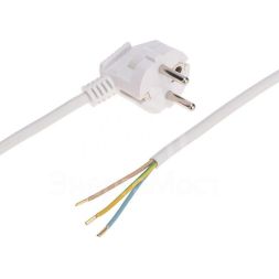 Шнур электрический с угловой вилкой 10А 2500Вт ПВС 3х1.0кв.мм 2м бел. Rexant 11-1316