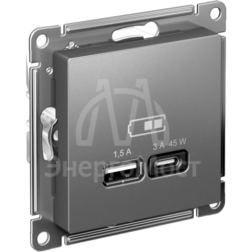 Розетка USB AtlasDesign тип A+C 45Вт QC PD высокоскор. ЗУ механизм сталь SE ATN000929
