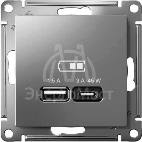 Розетка USB AtlasDesign тип A+C 45Вт QC PD высокоскор. ЗУ механизм сталь SE ATN000929