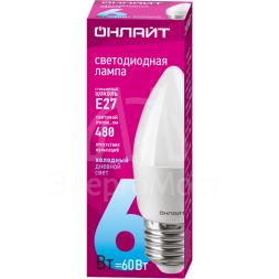 Лампа светодиодная 61 129 OLL-C37-6-230-6.5K-E27-FR 6Вт ОНЛАЙТ 61129