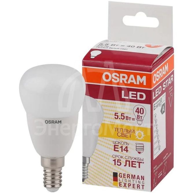 Лампа светодиодная LED STAR CLASSIC P 40 5W/827 5Вт шар 2700К тепл. бел. E14 470лм 220-240В матов. пласт. OSRAM 4052899971615
