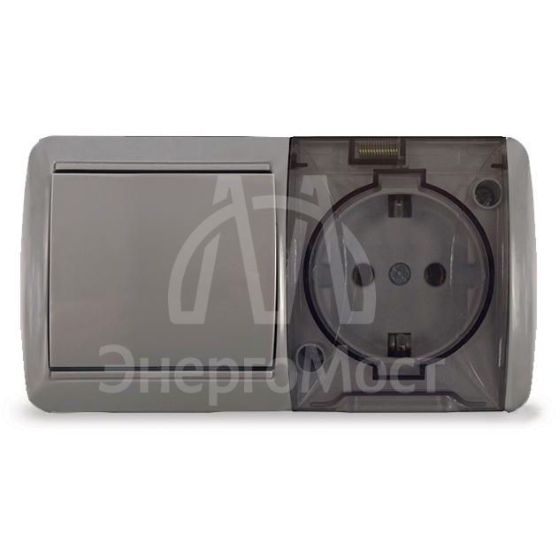 Блок ОП Клио 1-кл. выкл. 10А + розетка 1-м 16А 250В с заземл. с прозр. крышкой сер. Universal К2237-Gr