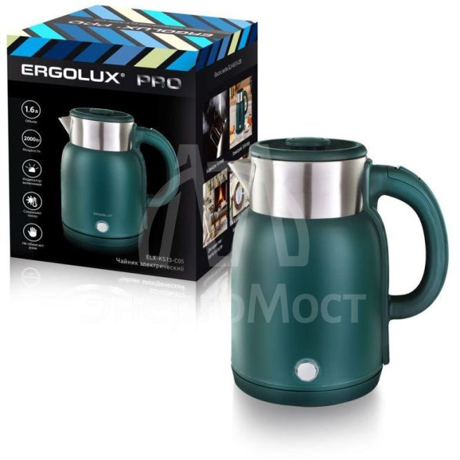 Чайник электрический ELX-KS13-C05 PRO нерж.сталь/пластик 1.6л 220-240В 2000Вт зел. ERGOLUX 15331