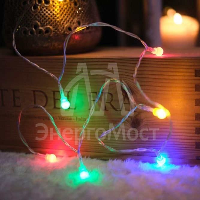 Гирлянда светодиодная &amp;quot;Шарики&amp;quot; 1.5м 10LED мультиколор провод прозр. 2хAA (батарейки не в комплекте) Neon-Night 303-092