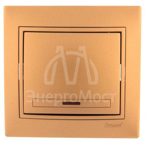 Выключатель 1-кл. СП Мира 10А IP20 с подсветкой со вставкой зол. метал. LEZARD 701-1313-111