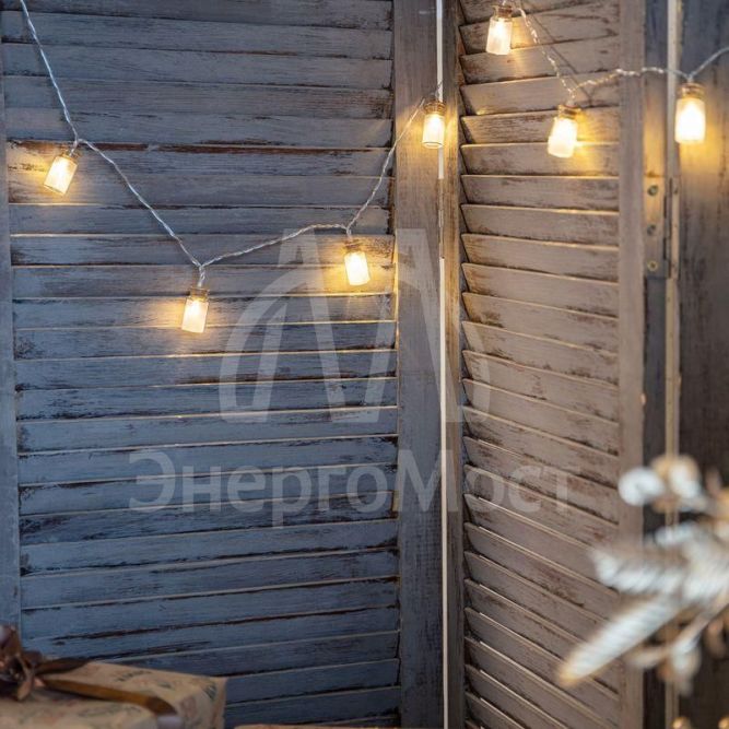 Гирлянда светодиодная &amp;quot;Баночки&amp;quot; 1.5м 10LED тепл. бел. провод прозр. 2хAA (батарейки не в комплекте) Neon-Night 303-096