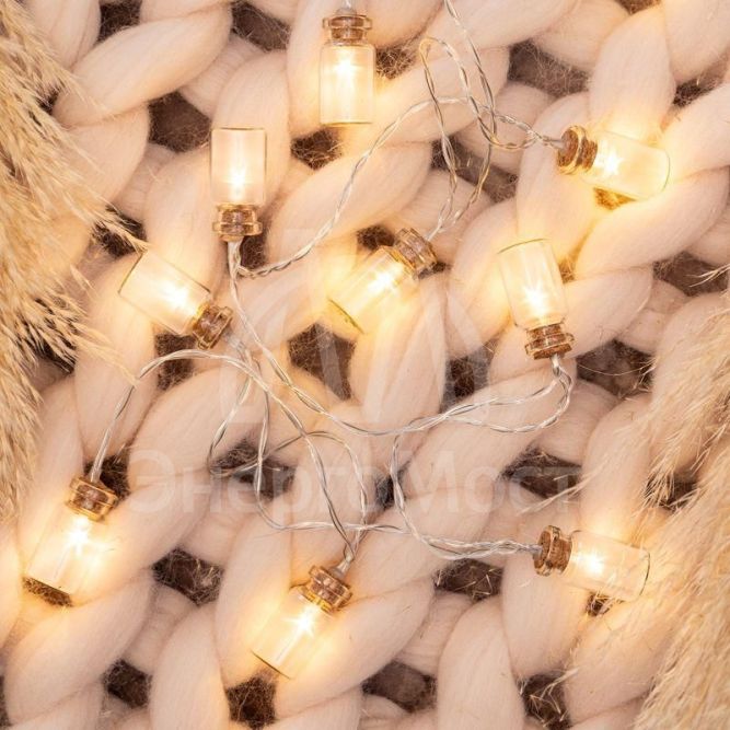 Гирлянда светодиодная &amp;quot;Баночки&amp;quot; 1.5м 10LED тепл. бел. провод прозр. 2хAA (батарейки не в комплекте) Neon-Night 303-096