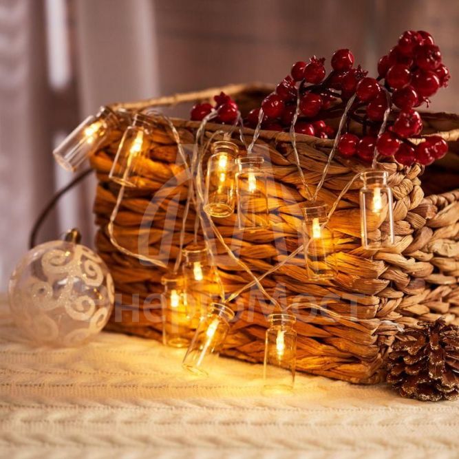 Гирлянда светодиодная &amp;quot;Баночки&amp;quot; 1.5м 10LED тепл. бел. провод прозр. 2хAA (батарейки не в комплекте) Neon-Night 303-096