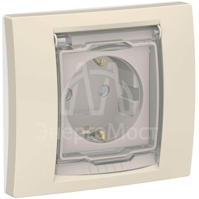 Розетка 1-м 2мод. Unica New 16А IP44 с заземл. защ. шторки с крышкой беж. SchE NU003744