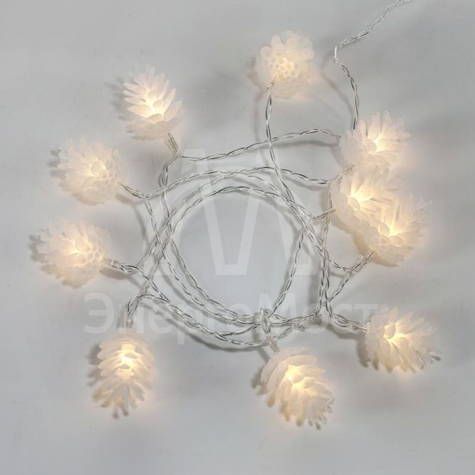 Гирлянда светодиодная &amp;quot;Шишки&amp;quot; 1.5м 10LED тепл. бел. провод прозр. 2хAA (батарейки не в комплекте) Neon-Night 303-098