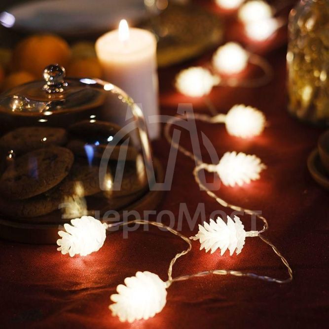 Гирлянда светодиодная &amp;quot;Шишки&amp;quot; 1.5м 10LED тепл. бел. провод прозр. 2хAA (батарейки не в комплекте) Neon-Night 303-098