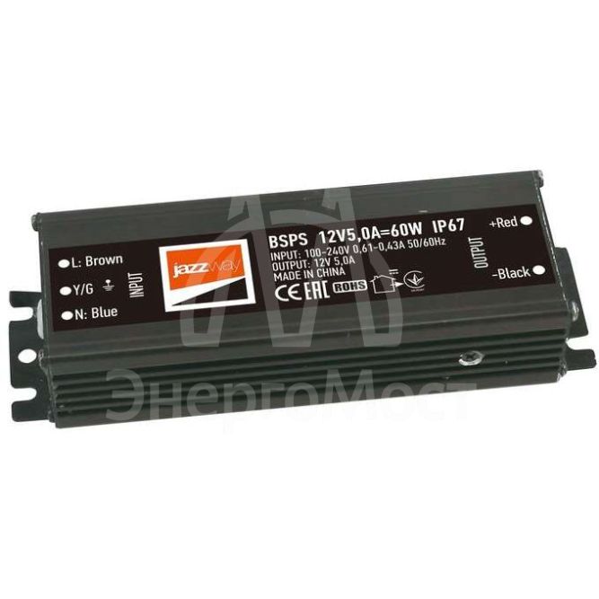 Блок питания для светодиодной ленты 60Вт 5А 12В IP67 BSPS влагозащ. метал. JazzWay 3329273A