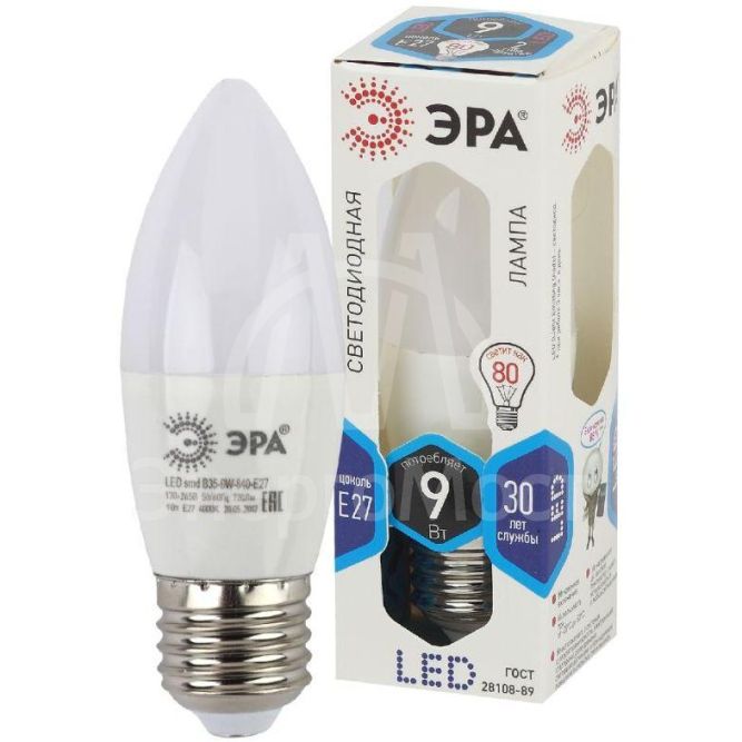 Лампа светодиодная B35-9w-840-E27 свеча 720лм ЭРА Б0027972