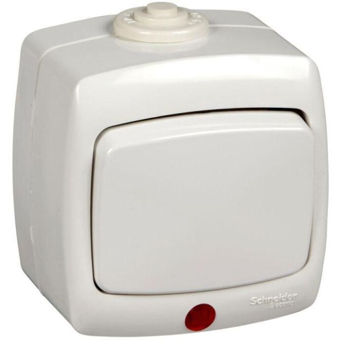 Переключатель 1-кл. ОП Рондо 6А IP44 250В с подсветкой бел. SchE VA66-123B-BI