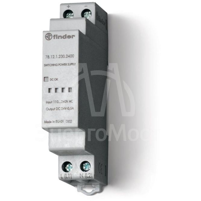 Источник питания импульсный вход 110...240В AC / выход 12В DC 12Вт модульный 17.5мм IP20 FINDER 781212301200PAS