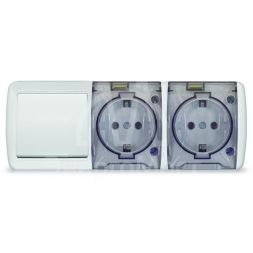 Блок ОП Клио 1-кл. выкл. 10А + розетка 2-м 16А 250В с заземл. с прозр. крышкой бел. Universal К2238