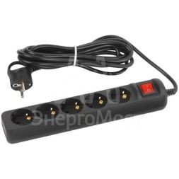 Удлинитель электрический UX-5es-5m-B с заземлением с выключателем 5 розеток 5м ПВС 3х0.75мм2 10А черн. Эра Б0057732