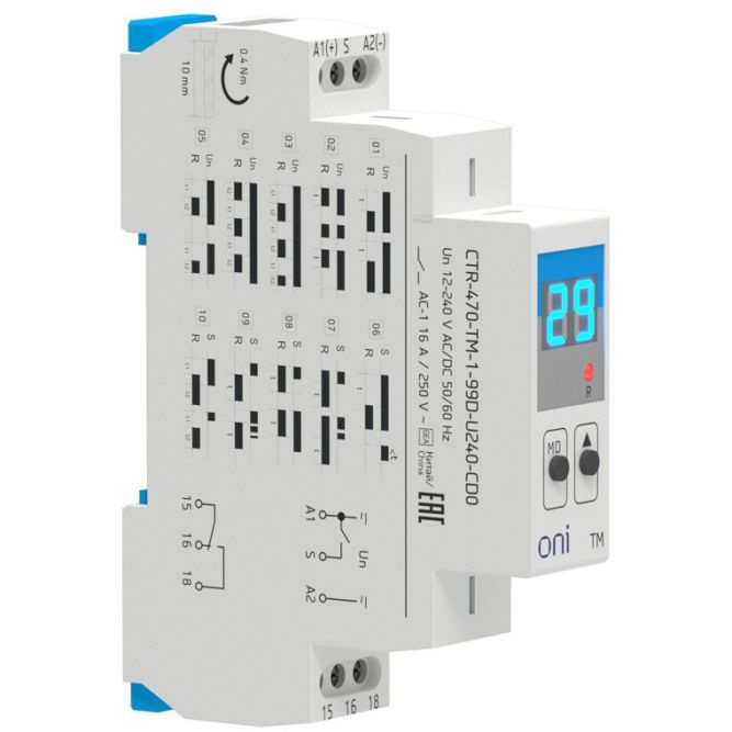 Реле времени многофункц. TM дисплей 1 контакт 12-240В AC/DC ONI CTR-470-TM-1-99D-U240-CD0