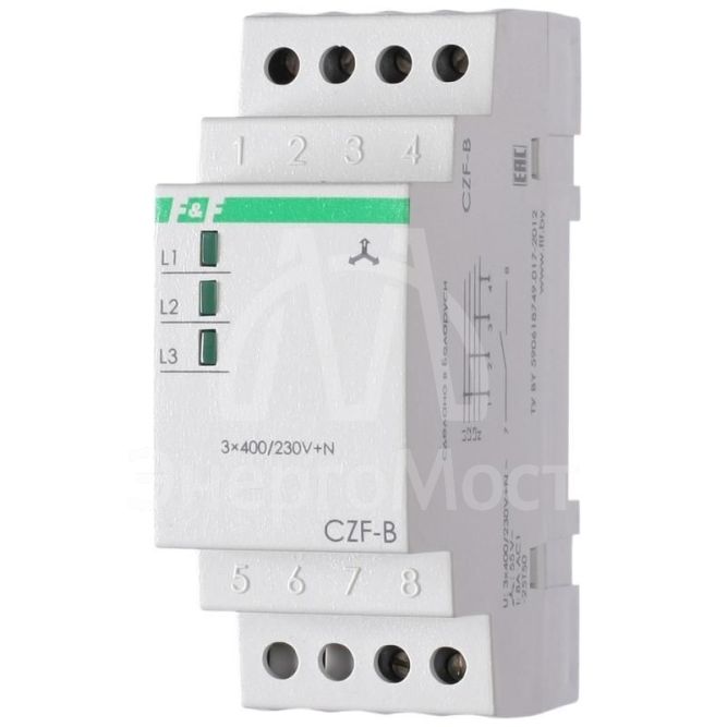 Реле контроля фаз CZF-B (3х400/230+N 8А 1перекл. IP20 монтаж на DIN-рейке) F&amp;amp;F EA04.001.002