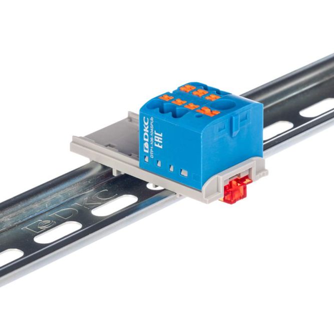 Блок распределительный с вертикал. адаптером на рейки шир. 15/35мм зажим push-in 1 ввод 6кв.мм 6 точек подключения 2.5кв.мм син. DKC DTP1-106-104SPUB-V