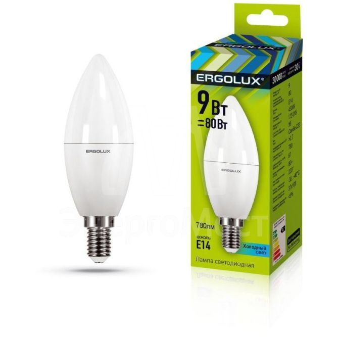 Лампа светодиодная LED-C35-9W-E14-4К Свеча 9Вт E14 4000К 172-265В Ergolux 13168