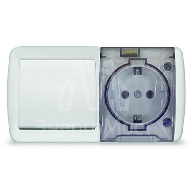 Блок ОП Клио 1-кл. выкл. 10А + розетка 1-м 16А 250В с заземл. с прозр. крышкой бел. Universal К2237