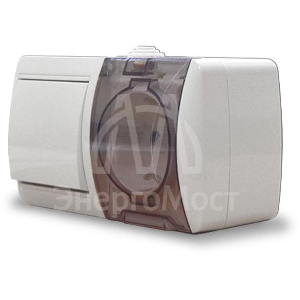 Блок ОП Клио 1-кл. выкл. 10А + розетка 1-м 16А 250В с заземл. с прозр. крышкой бел. Universal К2237