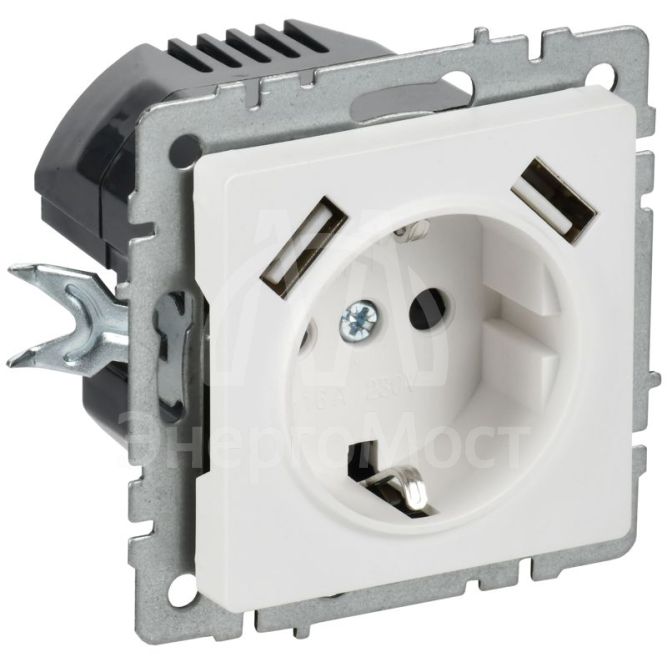 Розетка BRITE РЮш10-1-БрАБ 16А с USB A+A 2.1А с заземл. защ. шторки механизм арктич. бел. IEK BR-R14-16-U21-D21-K91