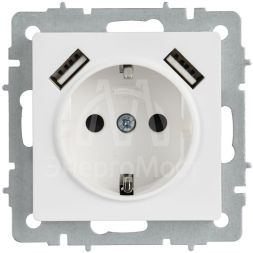 Розетка BRITE РЮш10-1-БрАБ 16А с USB A+A 2.1А с заземл. защ. шторки механизм арктич. бел. IEK BR-R14-16-U21-D21-K91