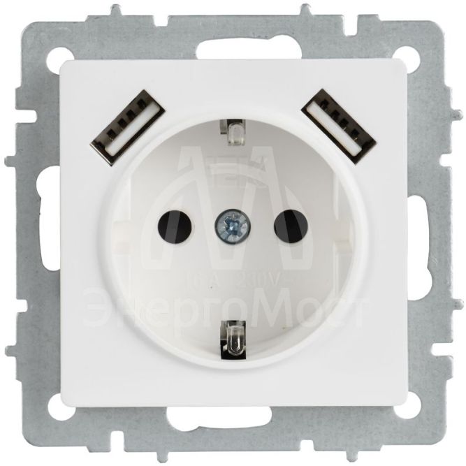Розетка BRITE РЮш10-1-БрАБ 16А с USB A+A 2.1А с заземл. защ. шторки механизм арктич. бел. IEK BR-R14-16-U21-D21-K91