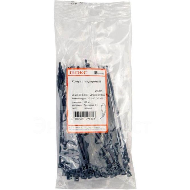 Хомут кабельный 3.6х200 полиамид черн. (уп.100шт) DKC 25314