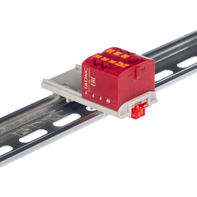 Блок распределительный с вертикал. адаптером на рейки шир. 15/35мм зажим push-in 1 ввод 6кв.мм 6 точек подключения 2.5кв.мм красн. DKC DTP1-106-104SPUR-V