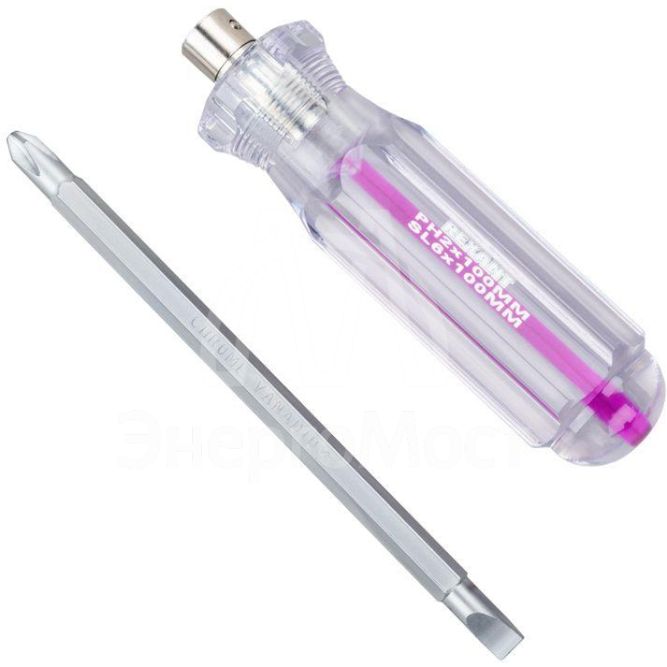 Отвертка комбинированная прозрачная рукоятка двухсторонний стержень 120мм (крестовая PH2 шлицевая SL 6мм) Rexant 12-4742