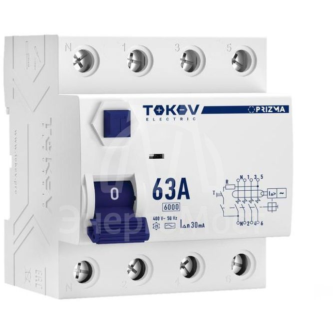 Выключатель дифференциального тока (УЗО) 4П (3P+N) 63А 30мА тип AC 6кА TOKOV Electric TKE-PZ60-RCDM-4-63-30-AC