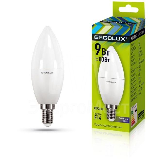 Лампа светодиодная LED-C35-9W-E14-6К Свеча 9Вт E14 6500К 172-265В Ergolux 13169